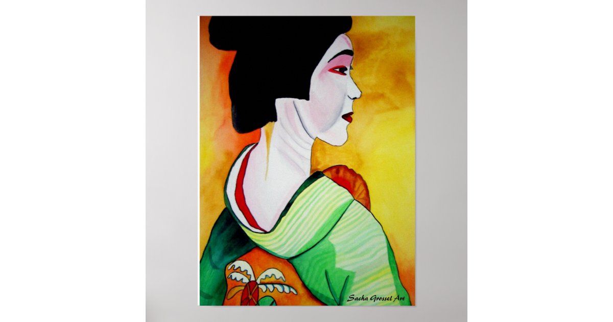 Japanese Geisha with green kimono original art Poster | Zazzle