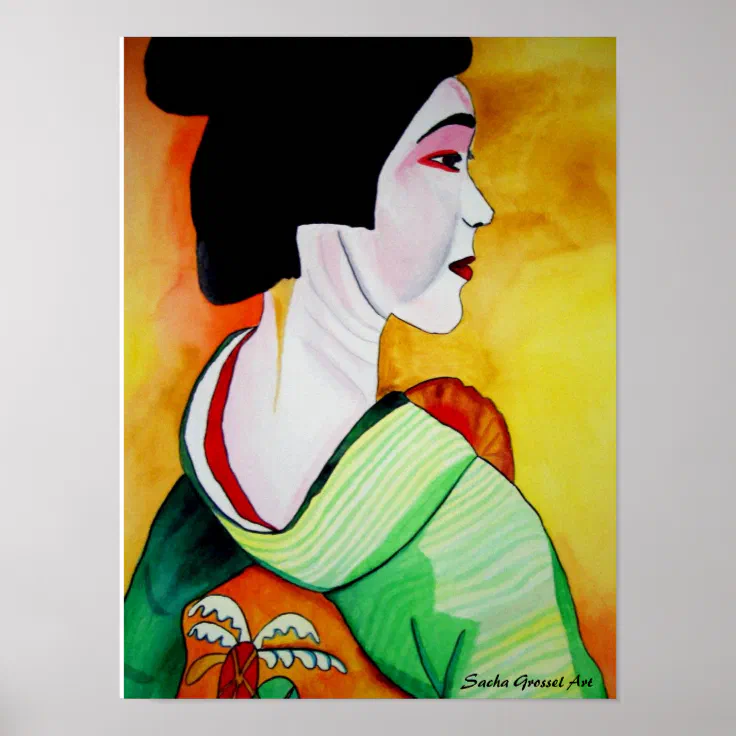 Japanese Geisha with green kimono original art Poster | Zazzle
