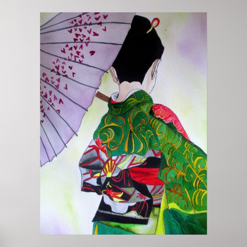 Japanese Geisha with kimono and purple umbrella Poster