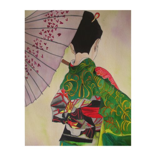Japanese Geisha with kimono and purple umbrella Wood Wall Decor
