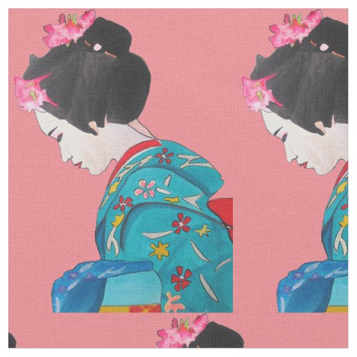 Japanese Geisha with pink blossom cute art Fabric