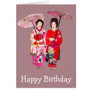 Japanese Geisha with pink kimono birthday Cards