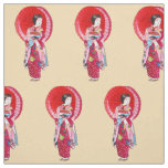 Japanese Geisha with red kimono cute art Fabric