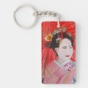Japanese Geisha with red umbrella art Keychain