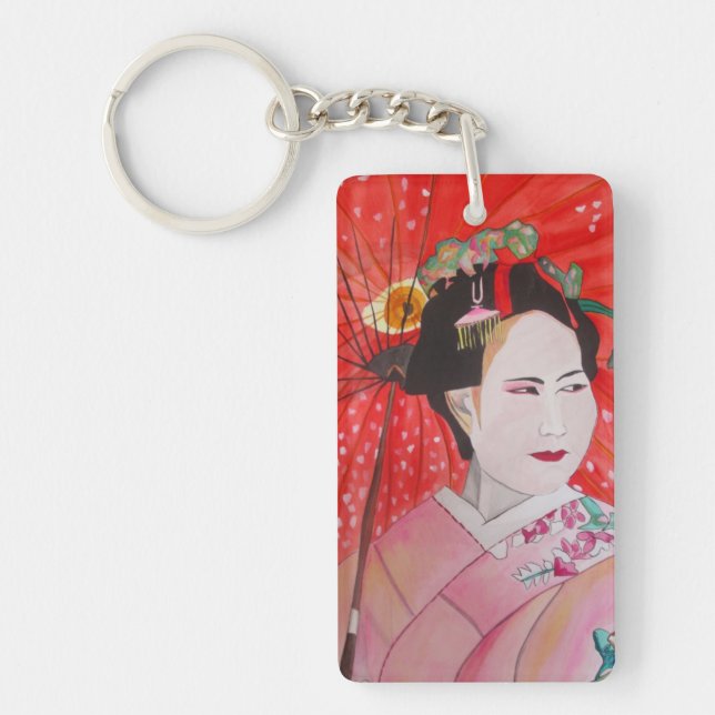 Japanese Geisha with red umbrella art Keychain (Front)