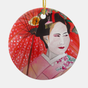 Japanese Geisha with red umbrella original art Ceramic Ornament