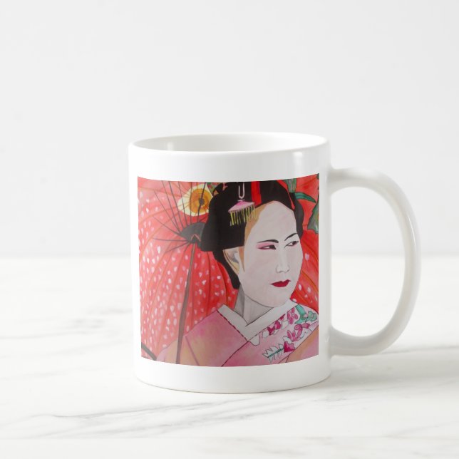 Japanese Geisha with red umbrella original art Coffee Mug (Right)
