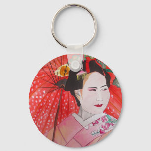 Japanese Geisha with red umbrella original art Keychain