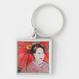 Japanese Geisha with red umbrella original art Keychain