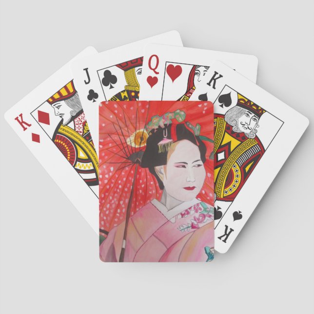 Japanese Geisha with red umbrella original art Poker Cards (Back)