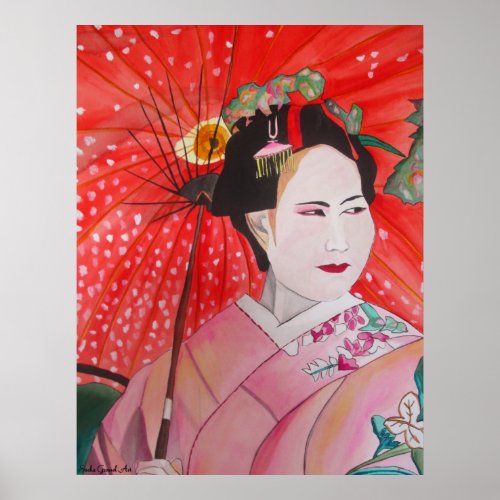 Japanese Geisha with red umbrella original art Poster