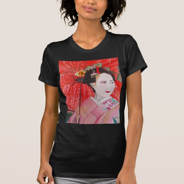 Japanese Geisha with red umbrella original art T-Shirt (Front)
