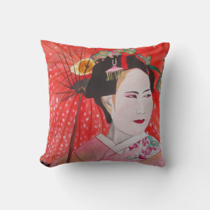 Japanese Geisha with red umbrella Throw Pillow