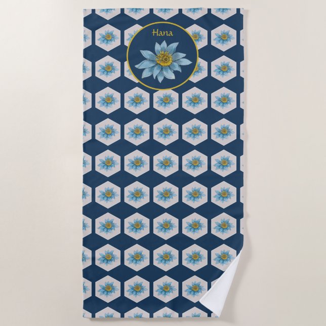 Japanese Geometric Lily Floral Pattern Monogram Beach Towel (Front)