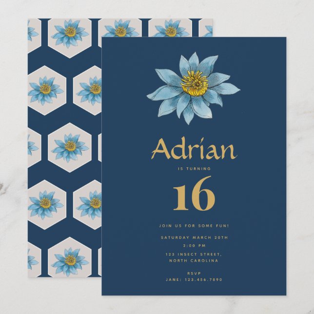 Japanese Geometric Lily Flower Birthday Party Invitation (Front/Back)