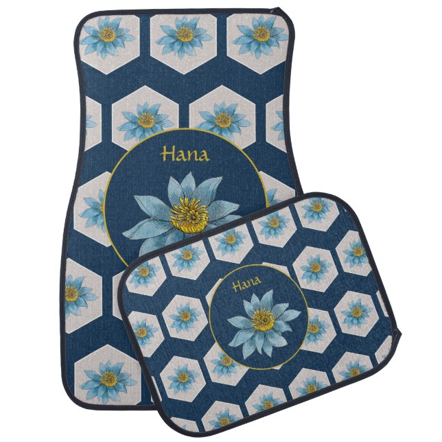 Japanese Geometric Lily Flower Pattern Monogram Car Floor Mat (Set)