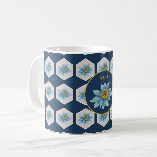 Japanese Geometric Lily Flower Pattern Monogram Coffee Mug (Front Left)