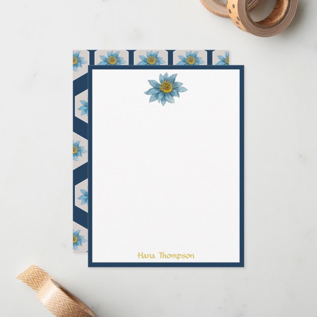 Japanese Geometric Lily Flower Pattern Monogram Note Card (Front/Back In Situ)