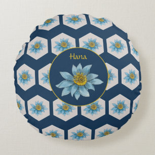 Japanese Geometric Lily Flower Pattern Monogram Round Pillow