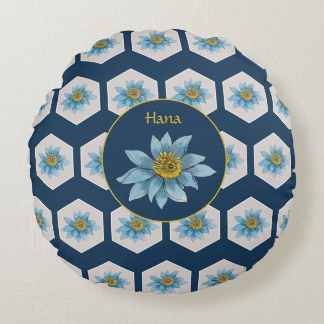 Japanese Geometric Lily Flower Pattern Monogram Round Pillow (Front)