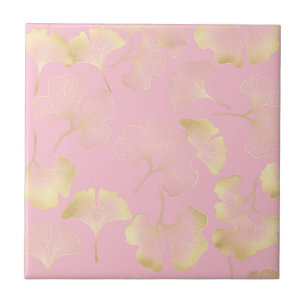 Japanese Ginkgo Gold Line Art Pink Pattern Ceramic Tile