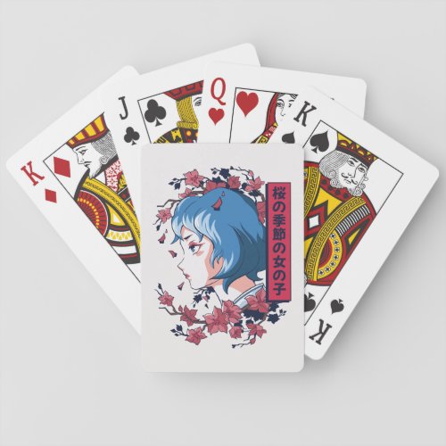 Japanese girl floral portrait design poker cards