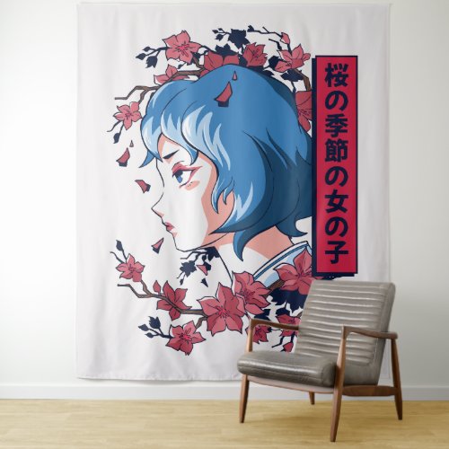 Japanese girl floral portrait design tapestry