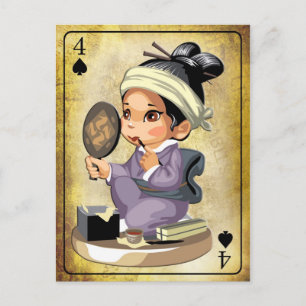 Japanese girl in kimono applying makeup postcard