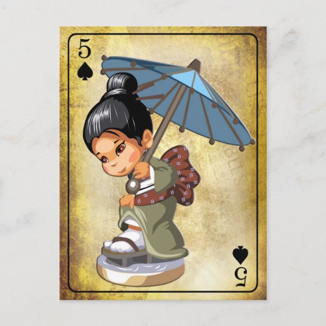 Japanese girl in kimono inspecting her footwear postcard (Front)