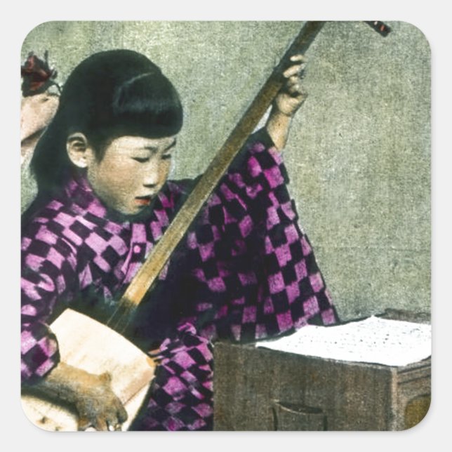 Japanese Girl Musician Shamisen Vintage Square Sticker (Front)