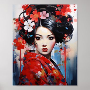 Japanese Girl Pop Art Red Color Watercolor  Poster by fotoshoppe at Zazzle