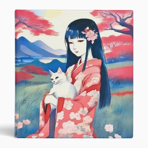 Japanese Girl with a White Cat 3 Ring Binder