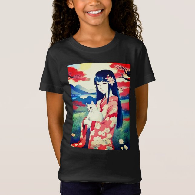 Japanese Girl with a White Cat Girl's Tee (Front)
