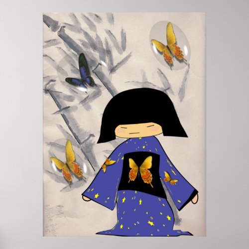 Japanese Girl with Butterfly Bubbles Poster