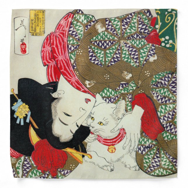 Japanese girl with Cat, Tsukioka Yoshitoshi Bandana (Front)