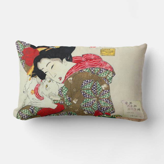 Japanese girl with Cat, Tsukioka Yoshitoshi Lumbar Pillow (Front)