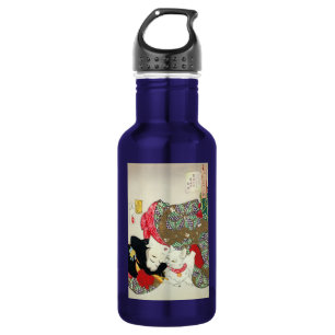 Japanese girl with Cat, Tsukioka Yoshitoshi Stainless Steel Water Bottle