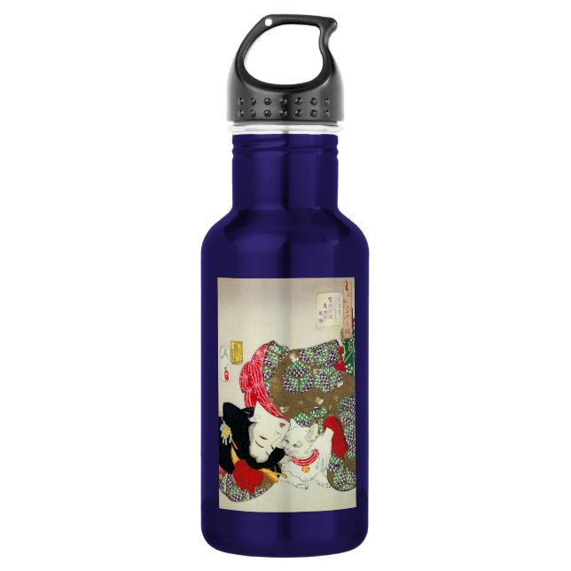 Japanese girl with Cat, Tsukioka Yoshitoshi Stainless Steel Water Bottle (Front)