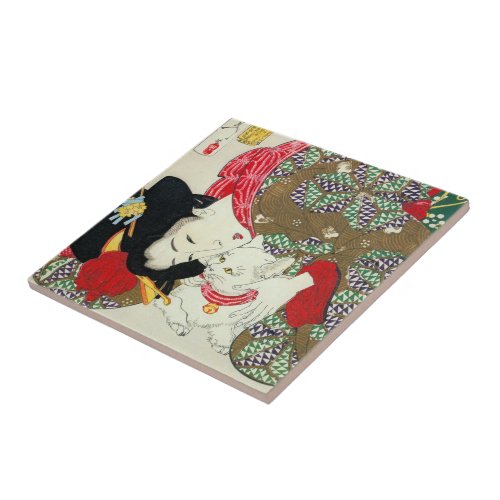 Japanese girl with Cat Tsukioka Yoshitoshi Tile