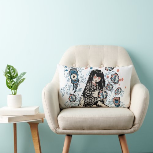 Japanese girl with flowers pillow