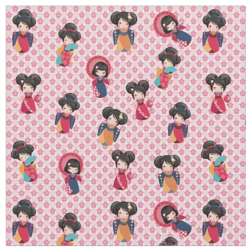 Japanese Girls in Kimonos on Pink Sakura Fabric