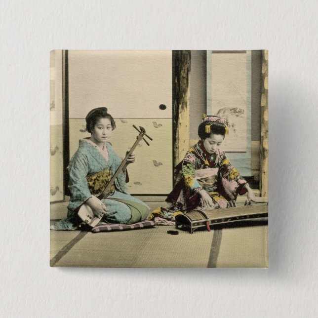 Japanese girls playing the flute, 'koto' and samis pinback button (Front)