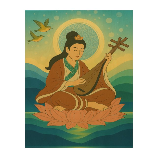 Japanese Goddess Benzaiten Playing the Biwa Wood Wall Art (Front)