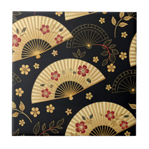 Japanese Gold Fan Sakura Pattern Ceramic Tile