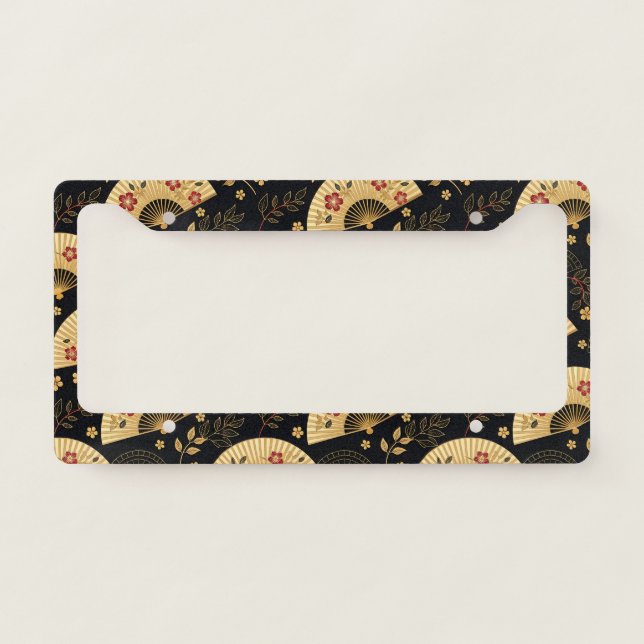 Japanese Gold Fan Sakura Pattern License Plate Frame (Front)