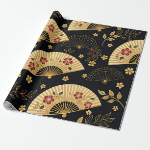 Japanese Gold Fan Sakura Pattern Wrapping Paper