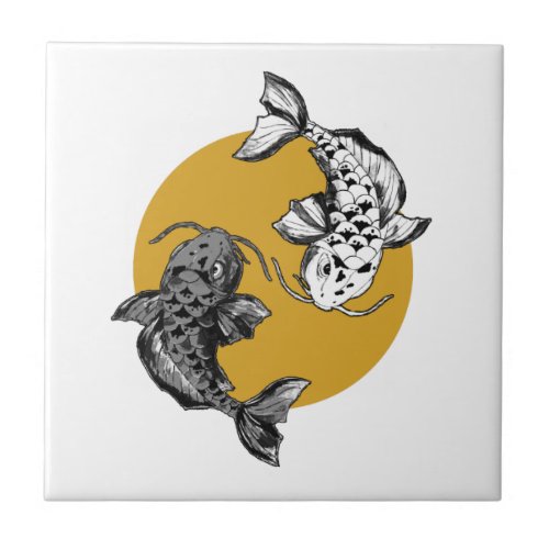 Japanese Golden Sun Koi Carps Ceramic Tile