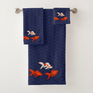Japanese Goldfish on Seigaiha Waves Pattern Bath Towel Set