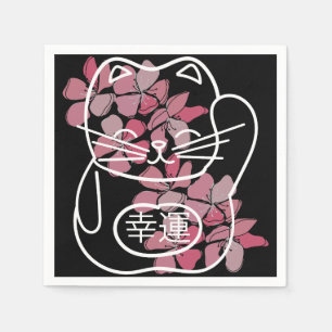 Japanese Good Luck Cat with pink Sakura Flowers Napkins