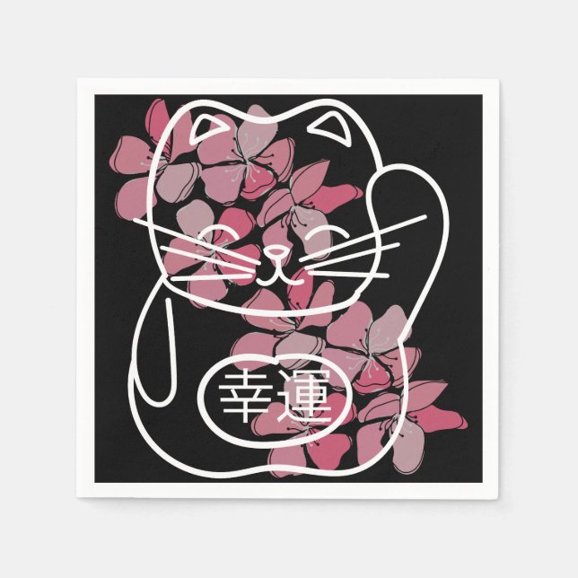 Japanese Good Luck Cat with pink Sakura Flowers Napkins (Front)